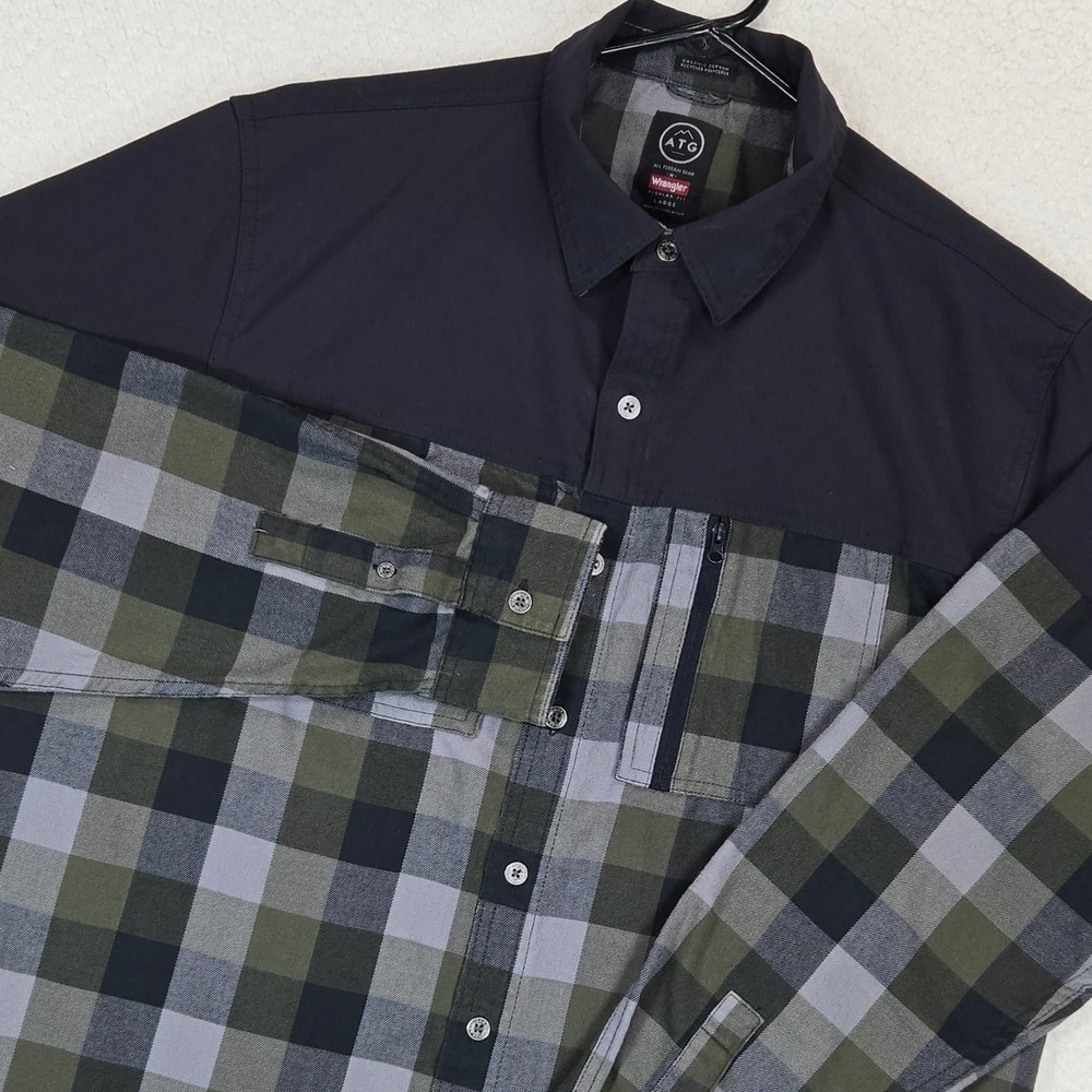 Wrangler ATG Shirt Mens L Green Plaid Flannel Hybrid Utility Trekking Yoke